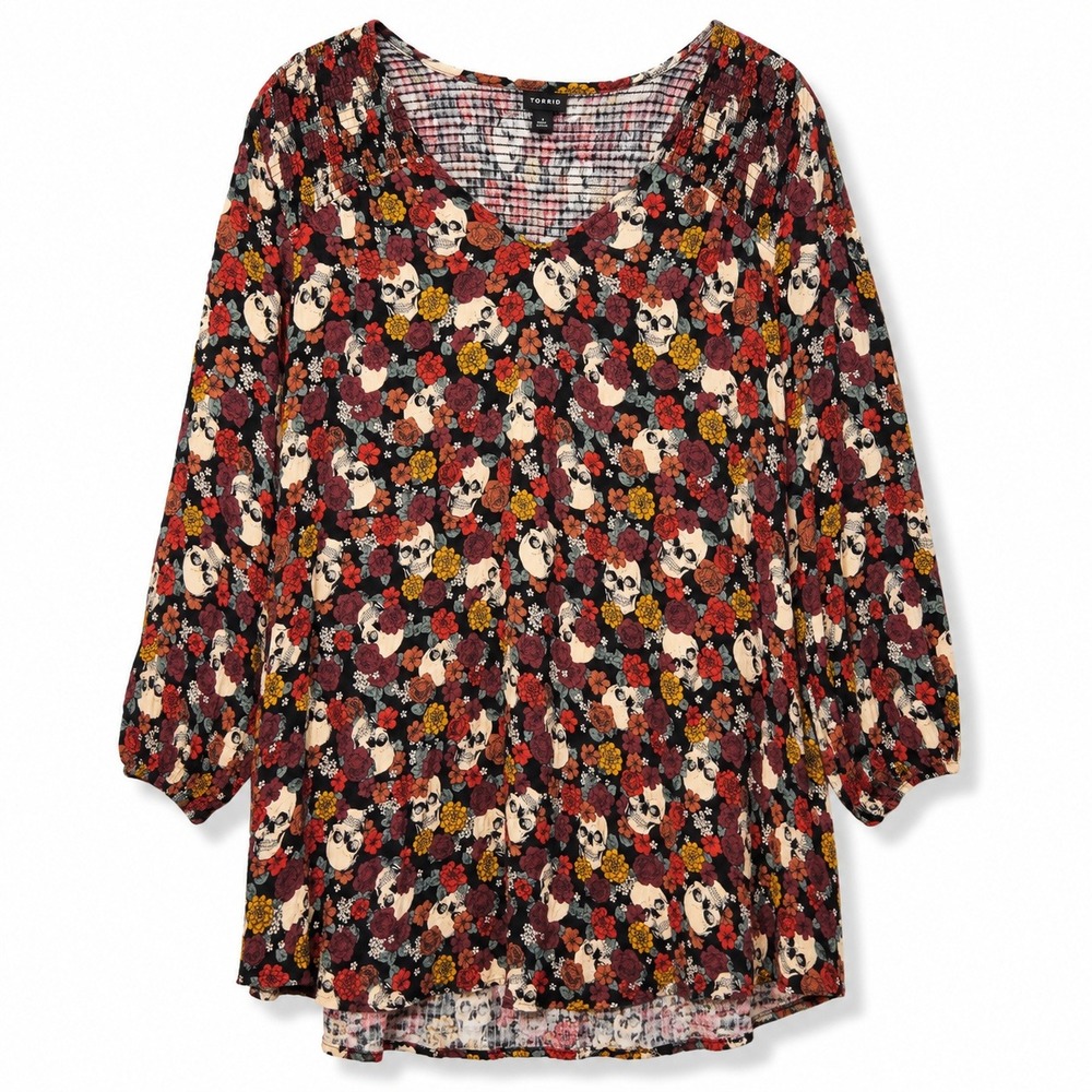 Torrid Skull Floral Smocked V-Neck Blouse Women 1 Black Multi Excellent Gothic